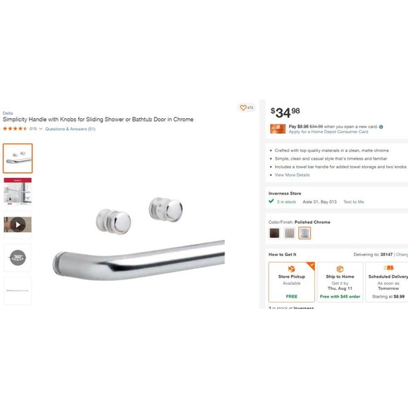 Simplicity Handle w/ Knobs for Sliding Shower or Bathtub Door, Chrome -Free Ship - Picture 3 of 10